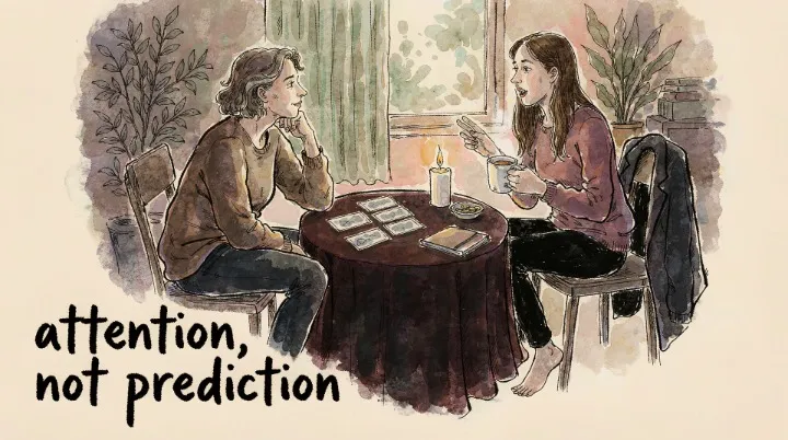 A tarot reader looking at her client's face rather than at the cards on the table