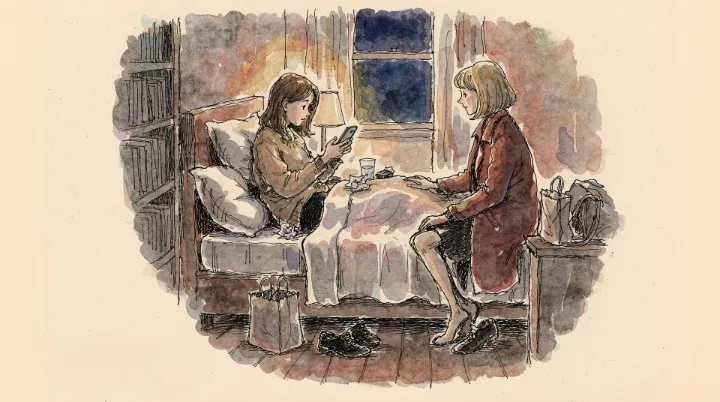 A woman reading a perfectly worded supportive message on her phone while a friend sits beside her