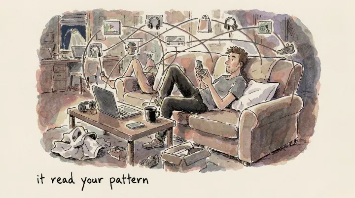 A man scrolling his phone at 2 a.m. inside a loose net of sketched objects that mirrors his posture