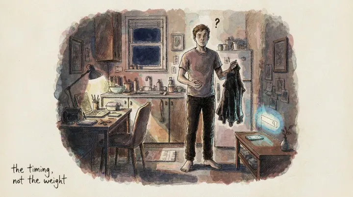 A man standing in his apartment on Sunday night holding his work shirt, an empty search bar on the phone