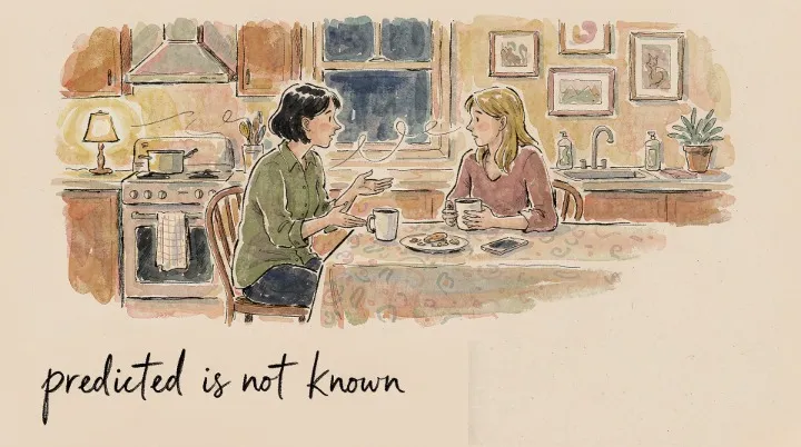 Two friends at a kitchen table late at night, one talking and the other truly following the story
