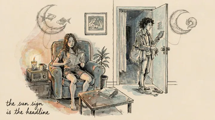 Two roommates, both Leos, one curled up with a book and one heading out the door, each under a different moon sign