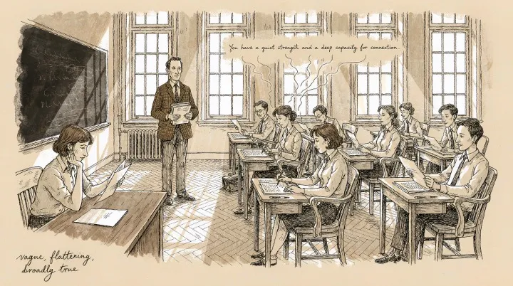 A 1948 classroom where every student reads an identical personality sketch and rates how accurately it describes them