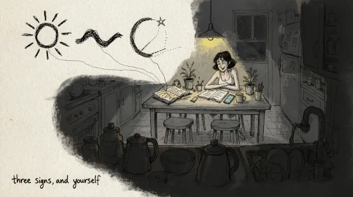 A woman laughing at her kitchen table over a notebook, with a sun, a moon and an unfinished rising sign floating above it