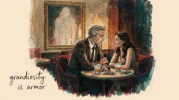 A man charming a woman at a hotel bar while his reflection in the mirror is an empty suit