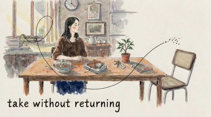 A woman alone at a kitchen table with everything she has given pushed toward an empty chair