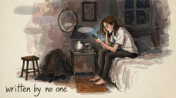 A woman on the edge of her bed at 4 a.m. reading flattery, identical message bubbles drifting around her