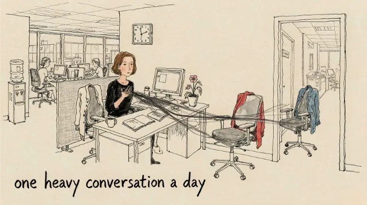 A woman at her office desk with her hand on her chest as thin strands of energy drift away toward an empty chair