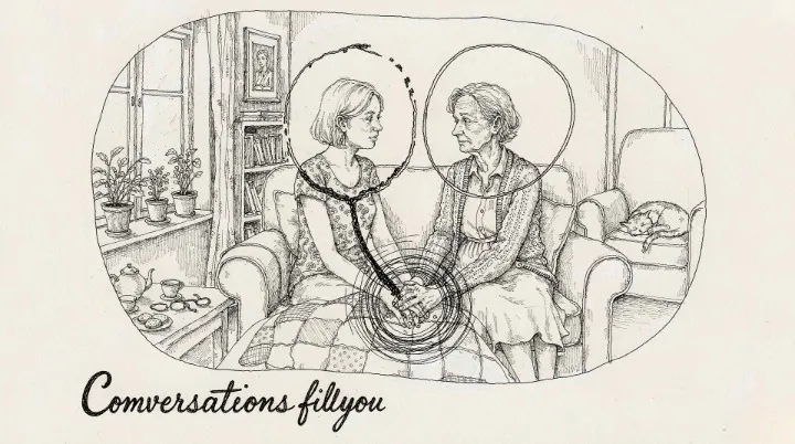 A woman and her grandmother sitting in silence, hands clasped, their two energy fields drawn as one steady oval and one filling in