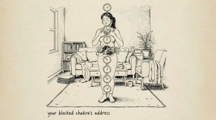 A woman standing with her eyes closed scanning her body, seven dials along her spine with the fifth one jammed