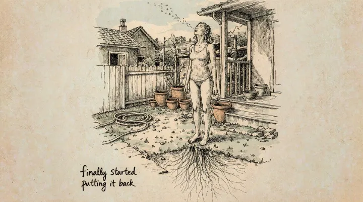 A woman standing barefoot on wet grass at dawn with fine roots running from her feet into the soil