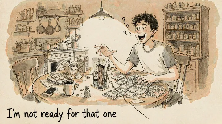 A young man at a kitchen table at midnight with the Tower tarot card face-up in front of him, half laughing