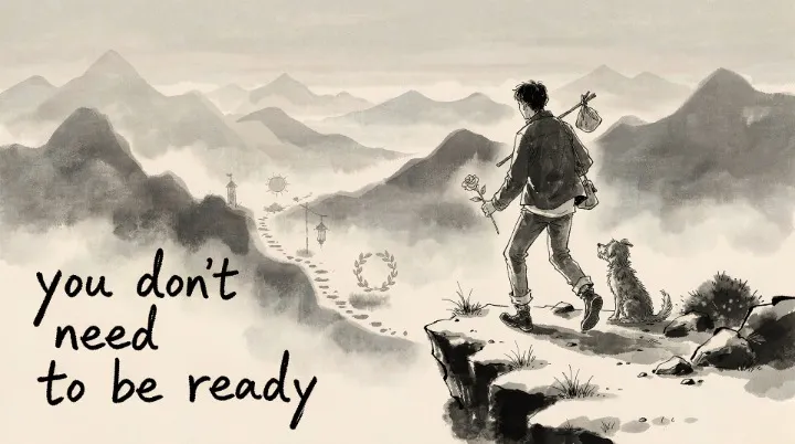 A young man at the edge of a cliff at dawn, a small bag on a stick, a white rose, a dog at his heels