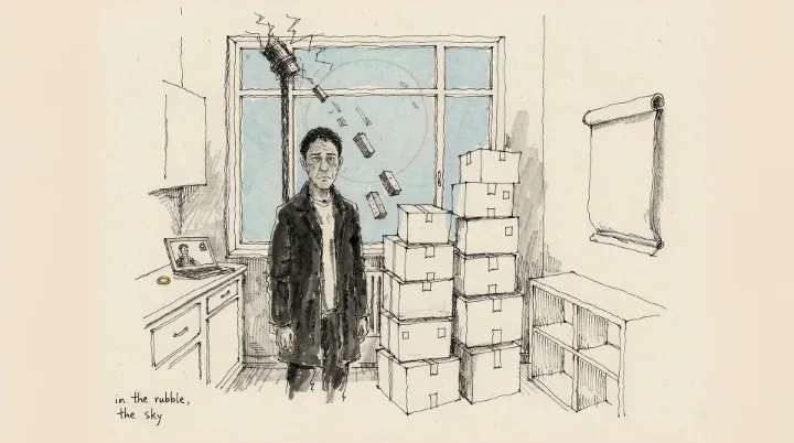 A man in a half-emptied apartment with cardboard boxes, a wedding ring on the counter and an open sky through the window