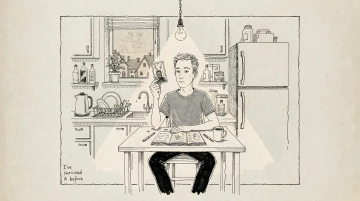 The same man ten years later at the same kitchen table, holding the Tower card up to the light
