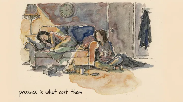 A friend sitting on the floor beside the sofa at night, saying nothing, just staying
