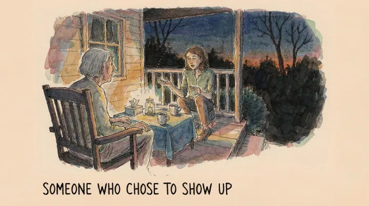 Two women on a porch at dusk, an older one listening, a candle burning between them